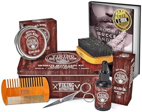 Viking Revolution Ultimate Grooming Kit for Men - Boar Brush, Wood Comb, Sandalwood Balm & Oil, Scissors for Beard & Mustache - Thumbnail 5