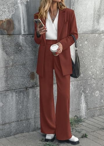 KIRUNDO Women Suits 2 Piece Set Business Casual Dressy Oversized Blazer Jacket and Wide Leg Dress Pantsuits Formal Outfits(Brown Red, XX-Large) - Thumbnail 2