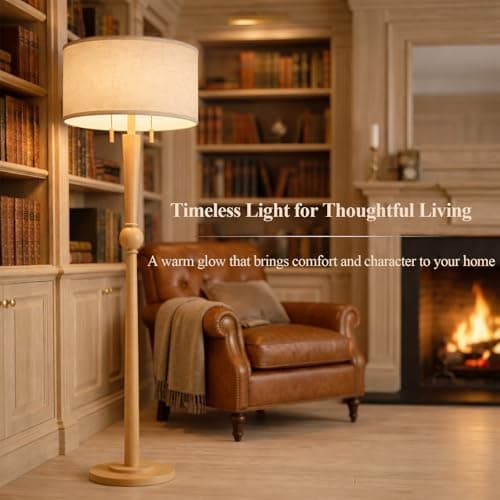 MOFFE 62.8" Solid Wood Floor Lamp,Tall Standing Floor Lamp with 2-Light Pull Chain, 17" Linen Drum Shade, Sculptural Wood Base & Stem,Transitional Floor Lamp for Living Room Bedroom, Includes 2 Bulbs - Thumbnail 2