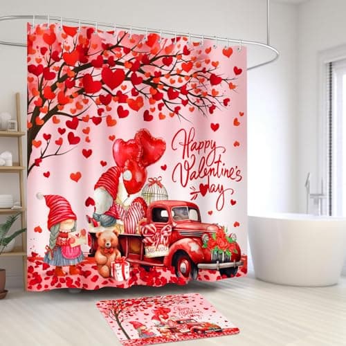 Lutto Valentines Day Bathroom Set, Red Polyester Shower Curtain with 72x72 Inch Size, Includes 12 Hooks and Anti-Slip Bath Mat, Modern Valentines Day Decor for Bathroom - Thumbnail 3