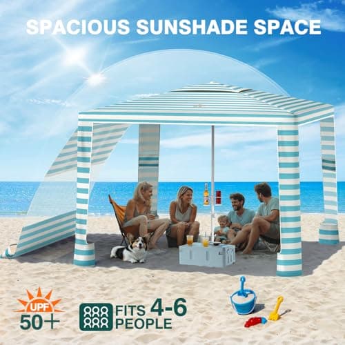 Rhino Valley Beach Cabana, 8 * 8FT Beach Tent UPF50+ Protection, Easy Setup Beach Canopy Wind Resistant with Cup Holder, Compact Beach Shade Foldable Beach Tent Sun Shelter, Light Blue Stripes - Thumbnail 4