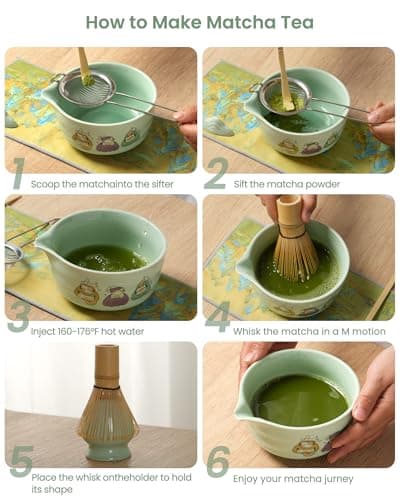 Matcha Whisk Tea Set Kit Japanese Matcha Kit - Matcha Bowl, Matcha Whisk and Holder, Bamboo Scoop, Scoop Rest, Sifter and Tea Towel - for Tea Ceremony Breakfast Lattes - Home Kitchen Christmas(Green) - Thumbnail 3