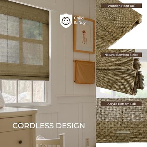 TWOPAGES Bamboo Roman Shades for Indoor Windows No Drill Blinds Natural Woven Custom Shades Cordless,P Series Rae Collection - Thumbnail 3