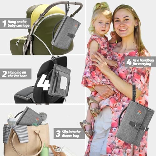 PZU Portable Diaper Changing Pad - Changing Pad Portable with Wipes Pocket, Waterproof Diaper Changing Mat, Portable Changing Pad for Baby, Newborn Gift（Grey） - Thumbnail 6