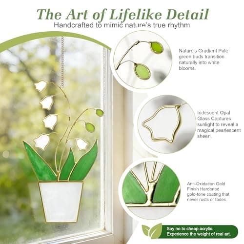 Real Stained Glass Lily of The Valley Suncatcher - Lifelike 3D Sculptural Floating Flowers Window Hanging, Tiffany-Style Premium Gold-Tone Finish, May Birth Flower & Plant Lover Gift for Grandma, Mom - Thumbnail 2