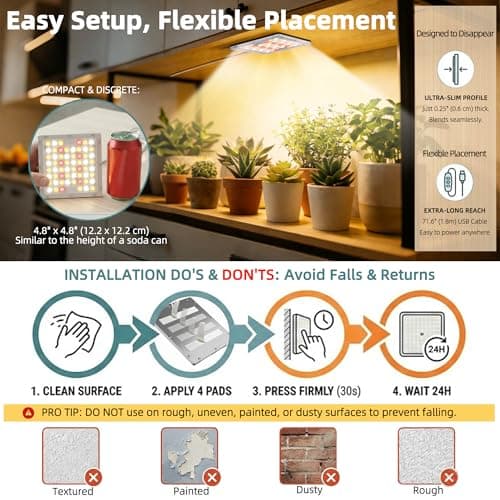 Under Shelf Grow Light, USB Powered Adhesive Stick On LED Under Cabinet Puck Light with Timer, Full Spectrum High PPFD Small Plant Light for Shelves, Indoor Plants, Terrarium, Display Case (3500K) - Thumbnail 6
