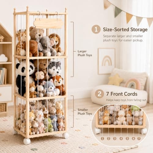 Stuffed Animal Storage - Wooden Large Organizer Holder for Kids' Room and Playroom - Plush Zoo Animals Holder with Elastic Cords & Brake Wheel for Toddler Bedroom Toy Stuff Organization - Thumbnail 4