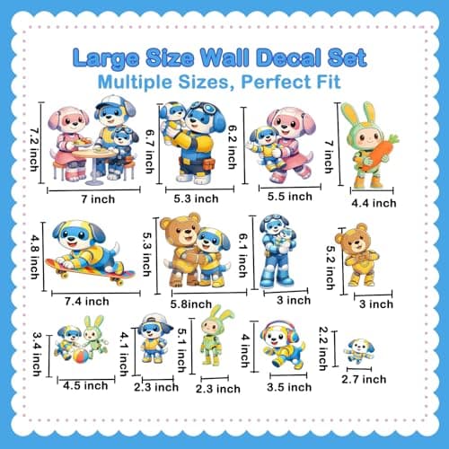 Humerry 176 PCS Robot Dog Family Wall Stickers, 6 Sheets Large Removable Peel and Stick Cartoon Puppy and Their Friends Wall Decals for Nursery, Playroom and Bedroom Decor - Thumbnail 4