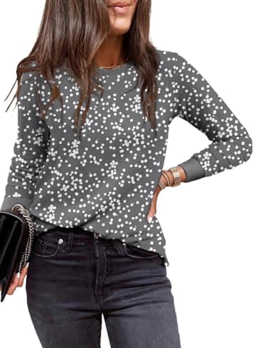 EVALESS Summer Spring Tops for Women Fashion 2026 Long Sleeve Tops Crewneck Shirts Printed Sweatshirts Casual Vacation Outfits Gray Large - Image 1