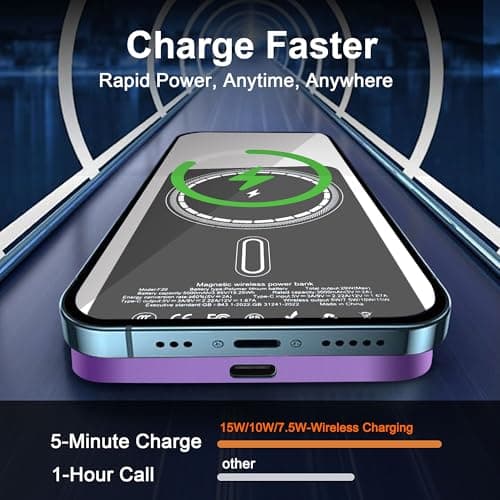Magnetic Portable Charger 5000mAh, 15W Ultra Slim Wireless Portable Charger, Fast Charging for iPhone 17/16/15/14/13/12 Pro/Pro Max/Plus, Metal Shell, USB-C Cable to Charge Other Phones (Purple) - Thumbnail 2