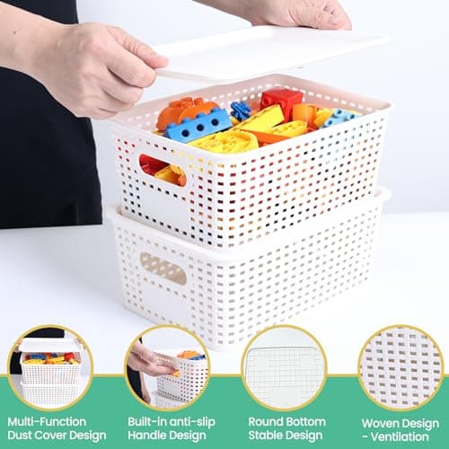 Ohmlove Plastic Storage Baskets with Lid - Plastic Storage Containers Stackable Storage bins: Storage Baskets for Organizing Shelves Drawers Desktop Closet Playroom Classroom Office, 8 Pack-White - Thumbnail 3