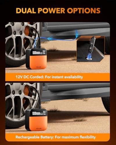 OXILAM C2 Tire Inflator Portable Air Compressor - 150PSI 4X Faster Air Pump for Car Tires with Tire Pressure Gauge, 12V Car Power Adapter, For Cars, Motorcycles, Bikes, Balls and More - Thumbnail 3