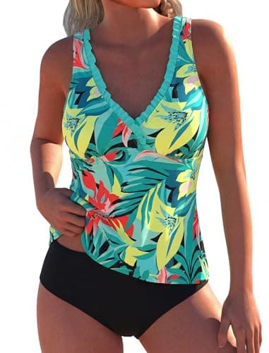 ZAFUL Tankini Swimsuit for Women Tummy Control Bathing Suits Modest Ruffle V Neck Two Piece Swim Suits 2026 Blue Green S - Image 1