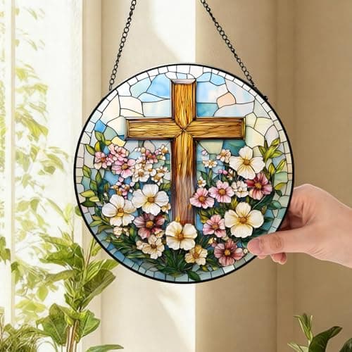Zizzie Stained Glass Cross Suncatcher - 7.9" Real Glass Wooden-Textured Cross & Flowers Window Hanging, Weatherproof Christian Religious Decor, Sympathy Memorial Easter Gift for Mom Women