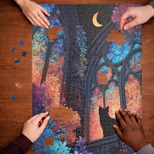 Teemosreal Puzzles for Adults 1000 Pieces, Stained Glass Cat Fantasy Night Moon Scene, Challenging Puzzle Game with Poster, Matte Finish, Interlock Perfectly Frameable Wall Decor Gift - Thumbnail 3
