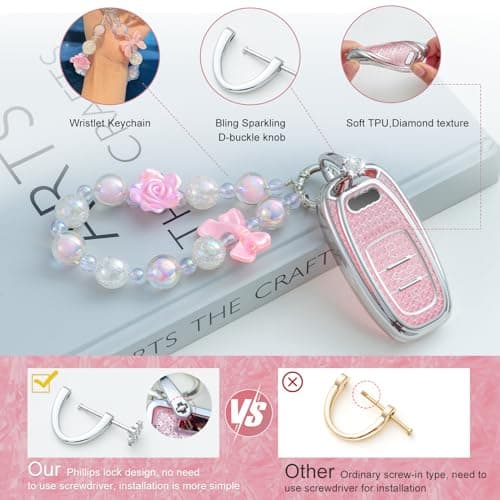 XUPEIXUN for Audi Key Fob Cover with Keychain, Pink TPU Key Case Protection Shell Compatible with AUD A4 A5 A6 A7 A8 Q5 Q7 S3 S4 S5 S6 S7 S8 SQ5 RS5 RS7 Bling Car Accessories - Thumbnail 4