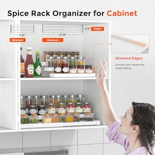INVOCOO 2 Pack Expandable Spice Rack Organizer for Cabinet - 3 Tier Adjustable Cabinet Spice Organizer Easy Visibility - Spice Organizer for Cabinet Countertop Cupboard Pantry Organization (White) - Thumbnail 4