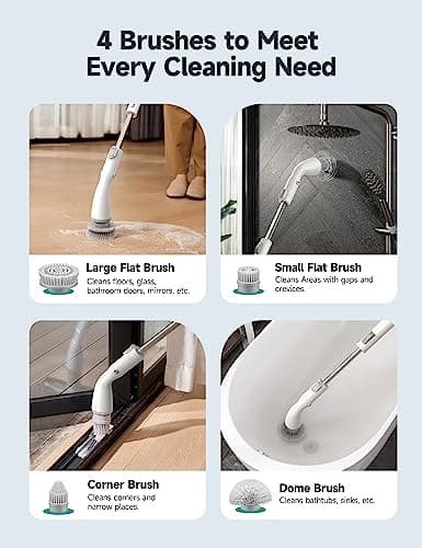HiCOZY Electric Spin Scrubber HS1, Cordless Shower Scrubber for Cleaning with 4 Replaceable Brush Heads Adjustable Extension Handle, IPX7 Waterproof Cleaning Brush for Bathroom Floor White - Thumbnail 4