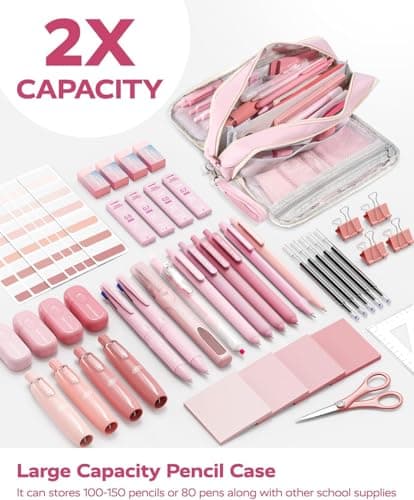 Four Candies Pink Pencil Case 3 Compartment, Large Pencil Pouch with Removable Handle & Zipper, Cute Stationery Organizer Big Pencil Case for Markers, Pencil Bag for Office College, Pink - Thumbnail 3