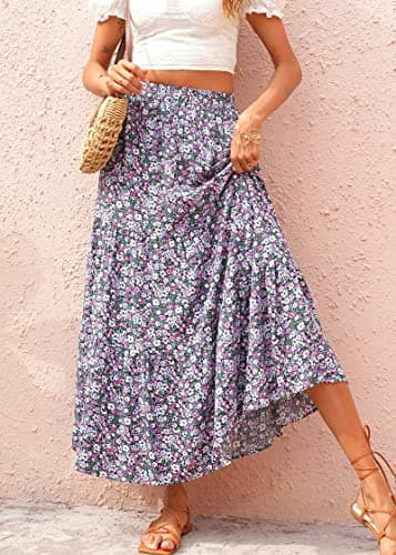 KIRUNDO Women 2026 Spring Summer High Waist Boho Floral Maxi Skirt Trendy Casual Flowy Swing Pleated A Line Beach Long Skirts(Black Purple, X-Large) - Thumbnail 3