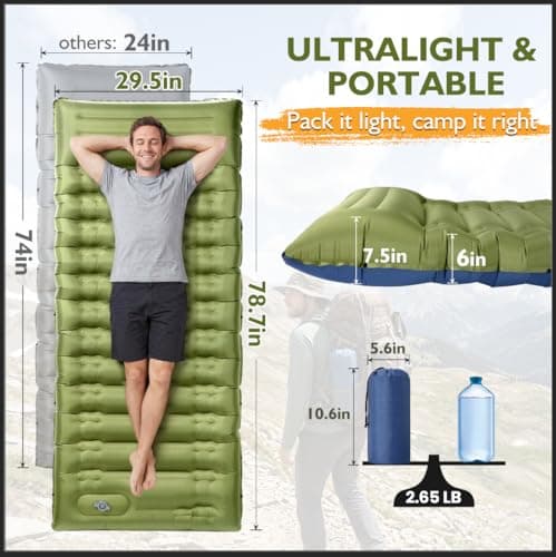Camping Sleeping Pad, 6 Inch Extra Thick Inflatable Mat with Built-in Foot Pump & Pillow, Ultralight Compact Water Resistant Low Noise Camping Mat for Tent Backpacking Hiking Travel, Single Green - Thumbnail 3
