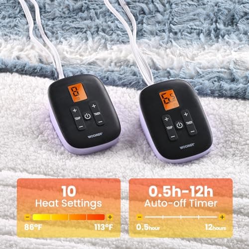 WOOMER Heated Blanket King Size 100" x 90", Electric Blanket with Dual Controls, 0.5-12 Hours Timer & 10 Heating Levels, ETL Certified, Blue White Flowers Patterns Faux Fur & Sherpa, Machine Washable - Thumbnail 4