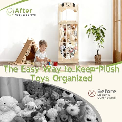 Stuffed Animal Storage & Organizer, Wooden Zoo Toy Holder with Cute Puppy Design, Large Plushies & Stuffy Storage with Elastic Cords, Kids Stuffed Animal Cage for Playroom, Bedroom, Nursery - Thumbnail 6
