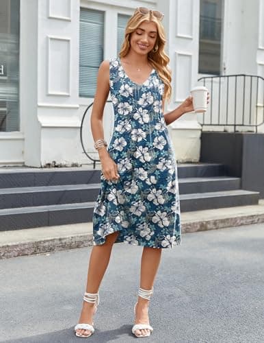 Zeagoo Women 2025 V Neck Spring A Line Tshirt Summer Dress Sleeveless Pleated Sundress Casual Tank Midi Tunic Dress With Pockets Blue Floral XL - Thumbnail 3