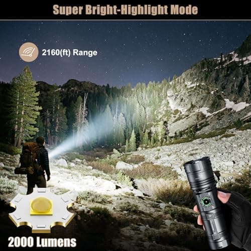 SKYFIRE Rechargeable Flashlight, 2000LM LED Tactical Flashlight, 7500mAh Type-C, Zoomable Waterproof, 5 Modes with Power Display, for Outdoor Hiking Camping Emergency Use(Silver Gray) - Thumbnail 5