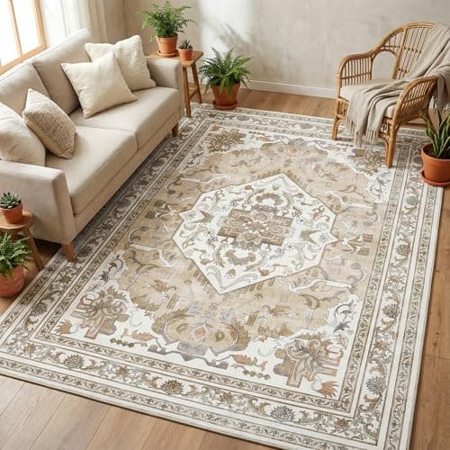 Cnythlis Washable Area Rug, Vintage Distressed Non Slip Living Room Carpet, 0.26 Inch Low Pile Thin Foldable Rug for Dining Room Office, Water Resistant Pet Friendly Surface, Beige & Ivory, 5’x7’ - Image 1