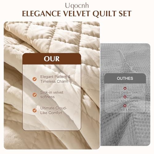Uqocnh Luxury Velvet Quilt Set King Size 3 Piece, Soft Channel Stitch Velvet Comforter Set with 2 Pillow Shams, Lightweight Coverlet Bedspread Bedding Set for All Seasons, Beige - Thumbnail 4