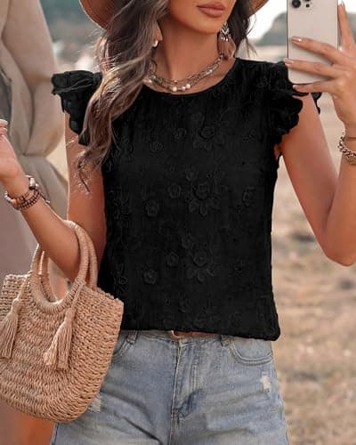 KIRUNDO Blouses for Women Dressy Casual Lace Ruffle Cap Sleeve Tops 2026 Summer Eyelet Floral Embroidered Cute Boho Shirts(Black, XX-Large) - Thumbnail 3