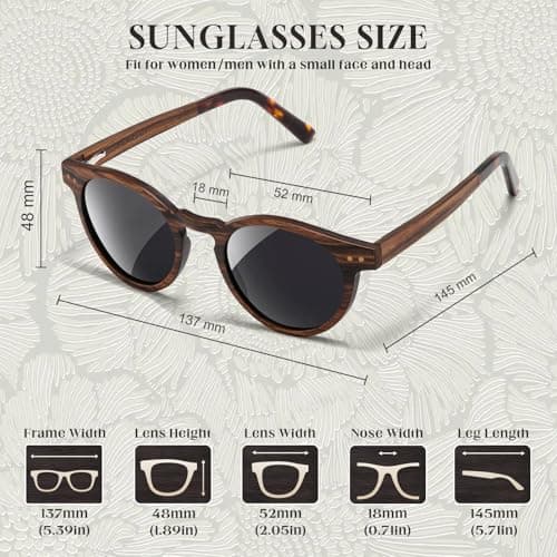 SUNGAIT Round Wood Polarized Sunglasses Women Men Vintage Retro Oak Walnut Rosewood Wooden Shades UV Protection (Rose Wood Frame/Grey Lens) - Thumbnail 5