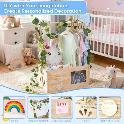 LLMQ Wooden Baby Shower Crate Closet, Personalized Baby Shower Basket with Wreath & Hanger, Love at First Sight Sonogram Picture Frame, Baby Clothes Storage Box for Ideal Pregnancy Gift - Thumbnail 2