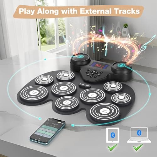 Electric Drum Set with 7 Colorful LED Light Patterns, Better Rebound Feel Electronic Drum Kit Featuring Bluetooth MIDI, 9 Drum Pads, and Dual Speakers, Christmas Birthday Gift for Kids Adult - Thumbnail 4