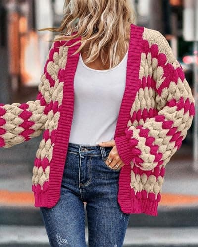 KIRUNDO Womens Cardigans Cute Color Block Stripe Long Sleeve Cardigan Sweaters Crochet Chunky Knit Sweater Outwear Trending Clothes for Women 2026 Hot Pink Outfits(Rose Red, X-Large) - Thumbnail 5
