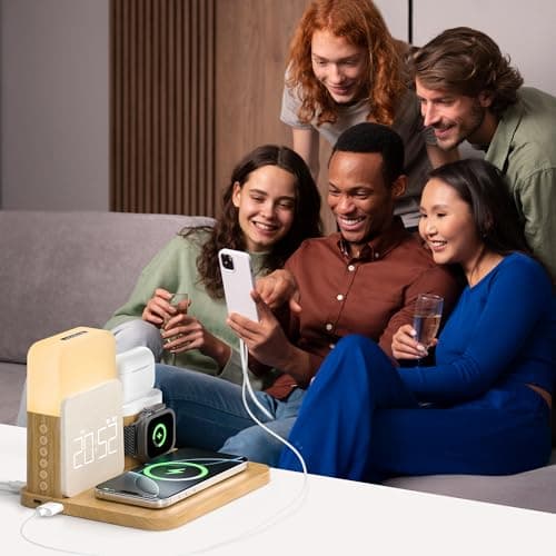 Alarm Clock Charging Station for Bedrooms, 7 in 1 Wireless Charging Station, Magnetic Charger with Night Light Bedside Clock for iPhone 17 16 15 14 13 12 Pro Max, Apple Watch, AirPods (Wood) - Thumbnail 6
