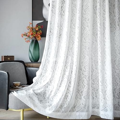 Draphelle Lace Sheer Curtains 84 inch Length, White W52 x L84, 2 Panels Elegant Rod Pocket Voile Drapes for Living Room Bedroom Kitchen, Light Filtering Window Curtains