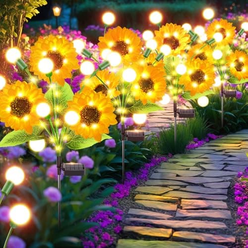 Garpar Solar Lights Outdoor Garden Decor, 4 Pack Swaying Solar Firefly Lights with Big Sunflowers, Waterproof Solar Flower Lights for Yard, Lawn, Pathway, Patio, Gifts for Mom Grandma Women - Image 1