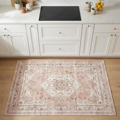 Cnythlis Washable Area Rug, Non Slip Kitchen Entryway Rug, Water-Resistant Vintage Medallion Carpet for Pet, 0.26" Low Pile, Blush Pink, 3'x 5' - Image 1