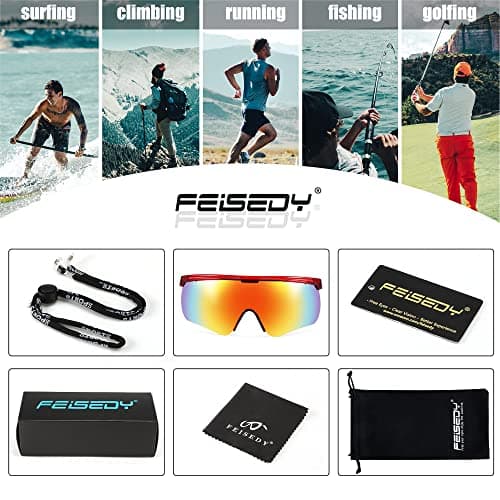 FEISEDY Sunglasses for Men and Women, Polarized Large Retro Rimless Glasses for Baseball, Cycling, Sports (B4073, Transparent Red Frame/Red Mirror) - Thumbnail 6