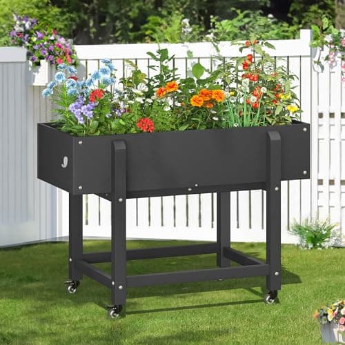 LUE BONA Raised Garden Bed with Wheels, 39.4 * 16.7 * 28 in, Poly Elevated Outdoor Planter Box with Tools, Weather Resistant, Standing Growing Bed Herb Planter for Vegetable, Flowers, Fruits - Image 1