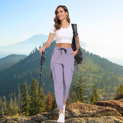 Womens Joggers Cargo Hiking Pants 4 Pockets Water Resistant Quick Dry UPF 50+ Lightweight Elastic Waist Drawstring Casual Work Travel Golf Jogging Purple XL - Thumbnail 3
