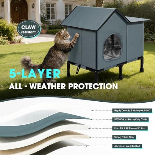 Weatherproof Heated Cat House for Outside with Heating Pad, Elevated Feet Outdoor Cat House, Expanded Canopy Warm Cats Shelter, Heating Pet Beds for Feral or Stray Cats in Winter (Warm Grey, Heated) - Thumbnail 4