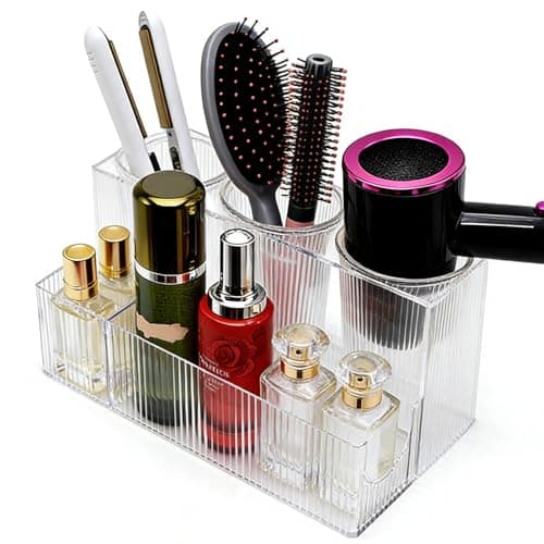 Glowspire Clear Wave Hair Tool Organizer, Acrylic Hair Dryer Stand with 3 Removable Cups, Ideal for Makeup Vanity and Bathroom Storage