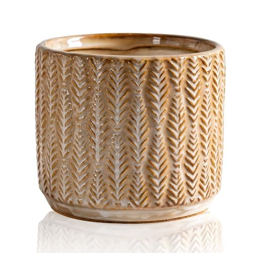5.3-Inch Ceramic Utensil Crock Utensil Holder Countertop, Embossed Ceramic Storage Canister - with Non-Slip Cork Base, Rustic Farmhouse Multi-Purpose Desktop Organizer, Kitchen Decor(Wheat Brown) - Thumbnail 2