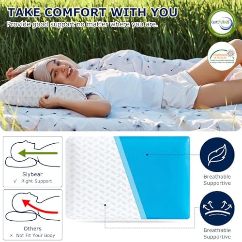 Ultra Thin Pillow 2.75" cooling Memory Foam Pillows for Stomach Sleeping, Gel Infused Slim Pillows for Side Back Stomach Sleepers, Travel Pillow, Bed Pillow Neck support, Washable Cover Standard Size - Thumbnail 2