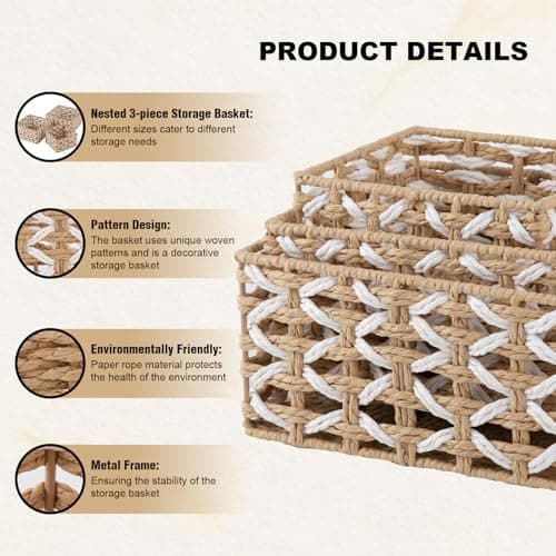 OIAHOMY Storage Baskets Paper Rope Shelf Baskets, Handwoven Small Wicker Bins for Home, Set of 3-Yellow & White - Thumbnail 4