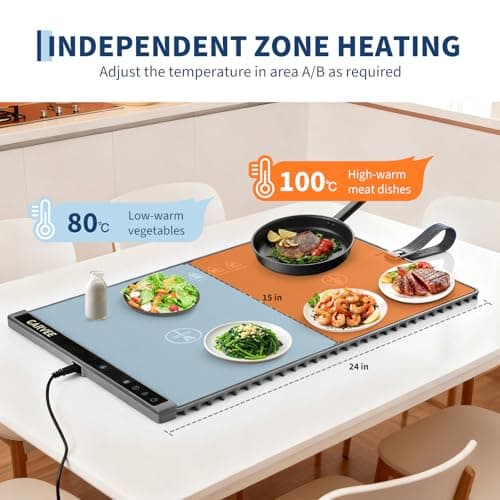 Garvee 3rd Gen Upgraded Food Warming Mat, AB Dual Zone Independent Heating, 24" x15" Electric Warming Tray with 6 Temp Levels & 1-3H Timer, Portable Food Warmer for Parties Buffet, Easy to Clean, Grey - Thumbnail 2