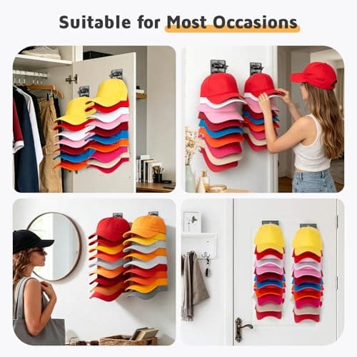 Accevo Spring Clip Hat Organizer Hold Storage 20 Caps for Baseball Caps (2-Pack), Hat Holder with Strong Adhesive and 8 Pack Screws, Hat Storage Display Holder for Closet Door and Wall - Thumbnail 6